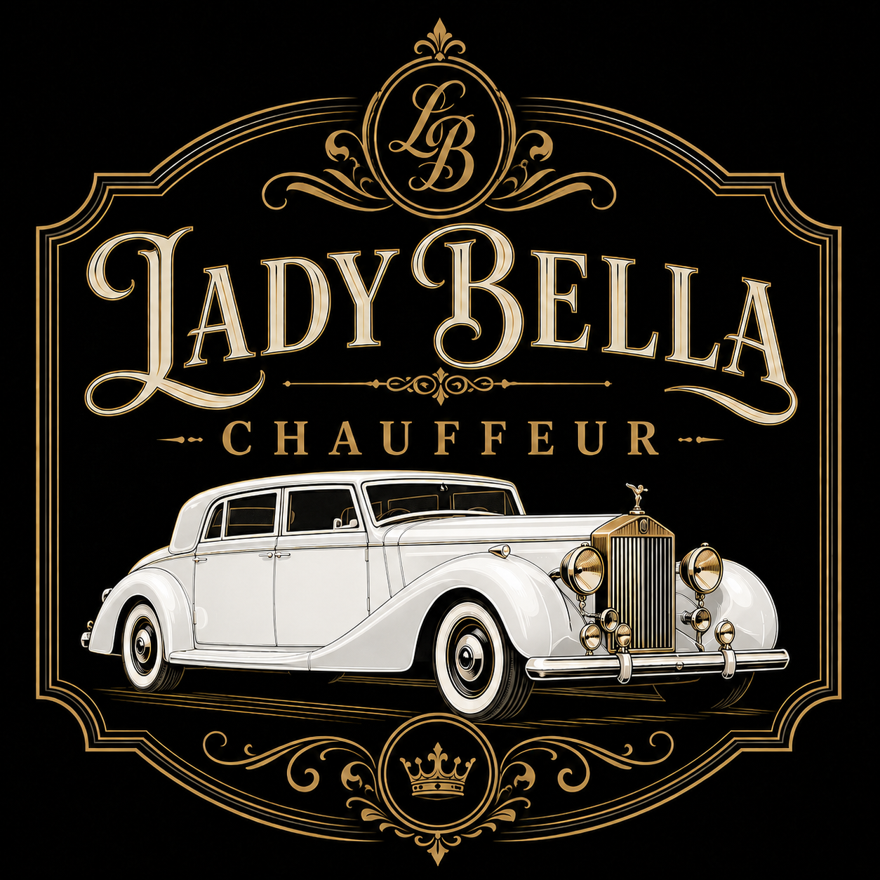 Lady Bella Chauffeur classic ice-white wedding car logo
