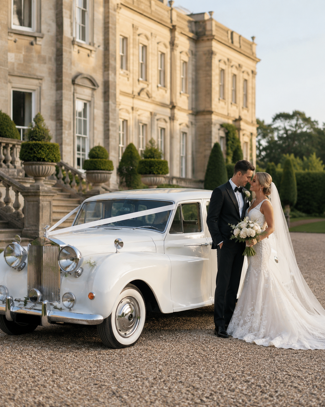 Bride arriving in classic white wedding car