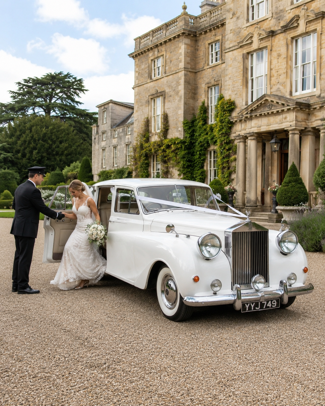 Bride and groom beside a classic white wedding car